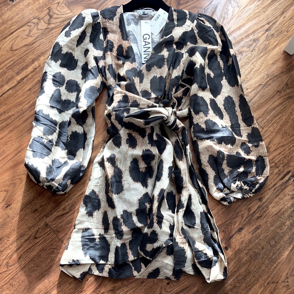 GANNI LEOPARD SILK LINEN WRAP DRESS